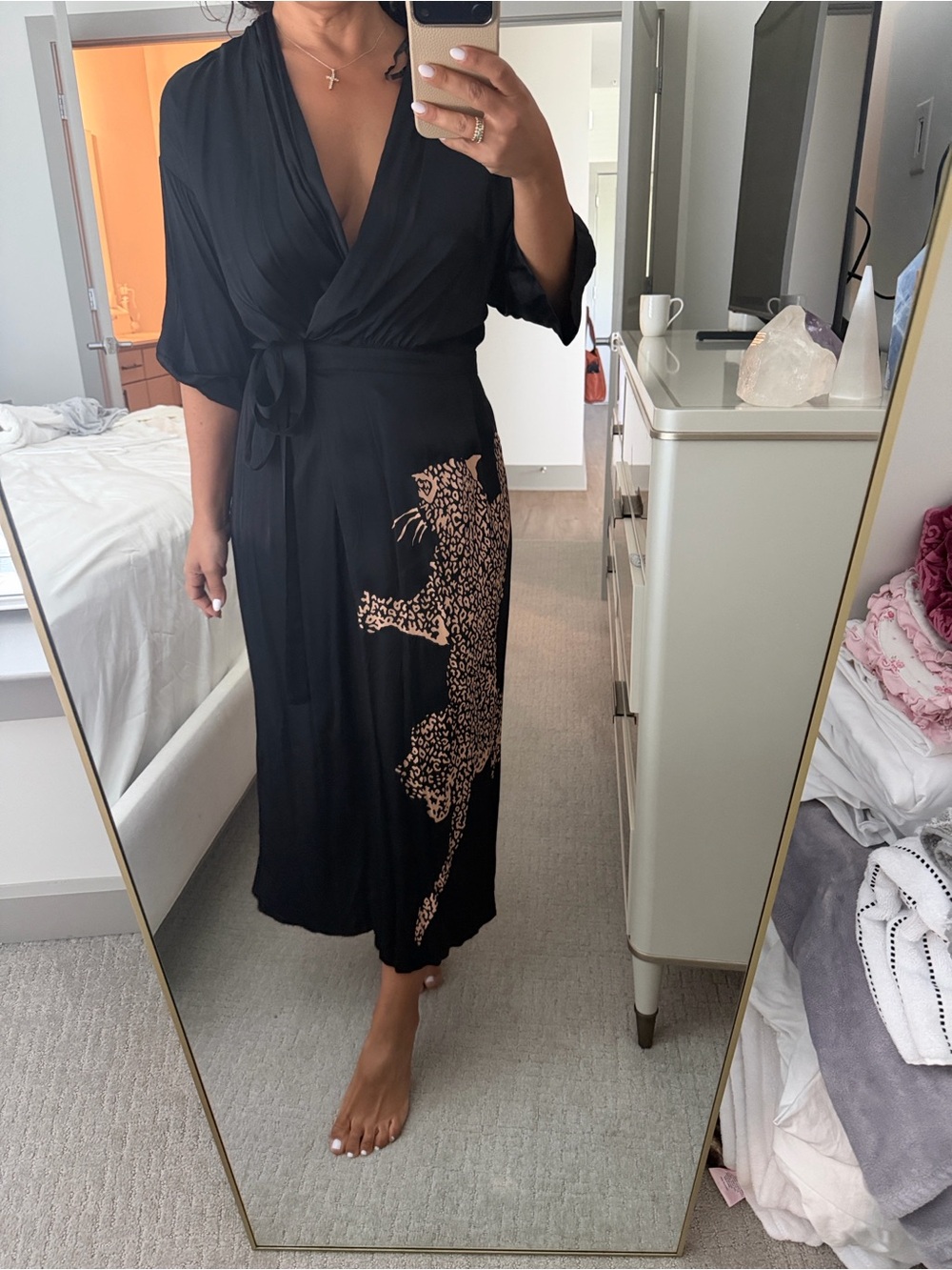 Wolf and badger Nocturine Wrap Midi Dress with Leopard Print - Black